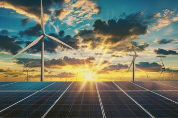 Wind turbines and solar panels under a sunset sky, depicting clean energy generation. - obrazy, fototapety, plakaty