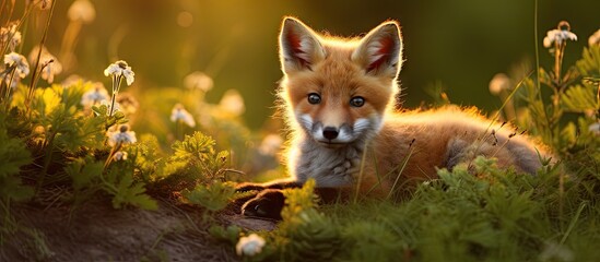 A fox cub in tall grass - Powered by Adobe