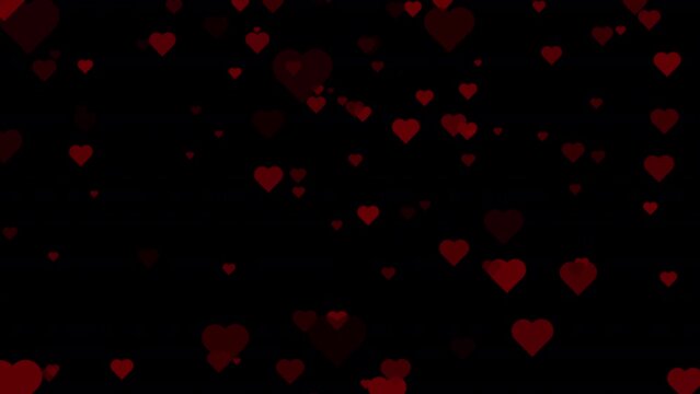 Red Romantic Happy Valentines day animation background with flying hearts animation background, flying hearts love concept valentines background, red hearts animation on black background.