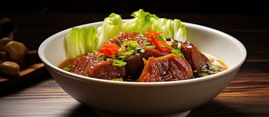 Beef and vegetables in bowl on wooden table