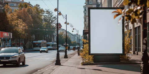  A blank white billboard at bus stop on street, for advertising mockups and urban city concepts and presentations.Mock up Billboard Media Advertising Poster banner template at Bus Station city street