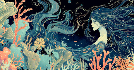 Illustration of  mermaid in the underwater magical world.