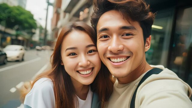 Young couple do selfie while vacation in city.