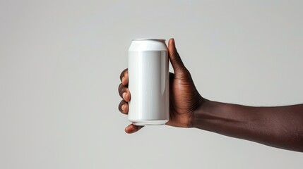 Packshot photo of a fresh white beer can held by a black African hand