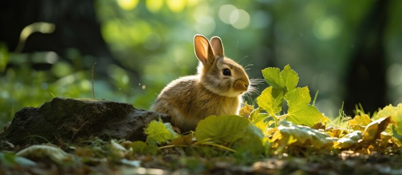 A rabbit sitting in the grass by a rock