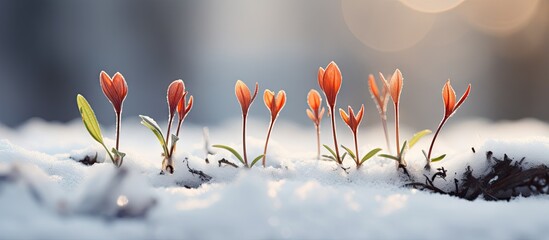 Group of red blossoms emerging from snowy ground - obrazy, fototapety, plakaty