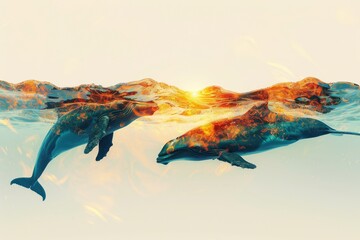 Two Dolphins Swimming in Water - obrazy, fototapety, plakaty