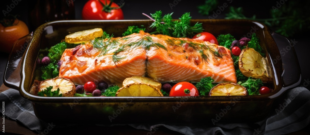 Poster Salmon, potatoes, and vegetables in a frying pan