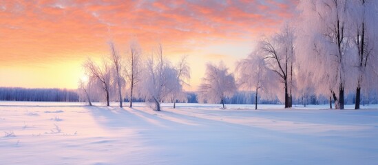 Enchanting Winter Wonderland: Serene Painting of Snowy Landscape with Majestic Trees and Tranquil Atmosphere