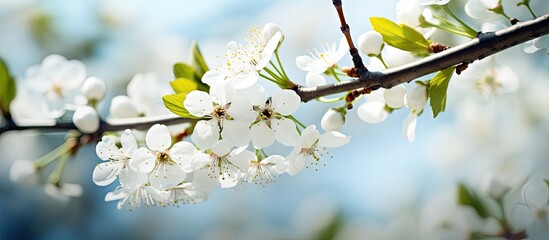 Fototapeta premium A bee perched on tree branch among white blossoms