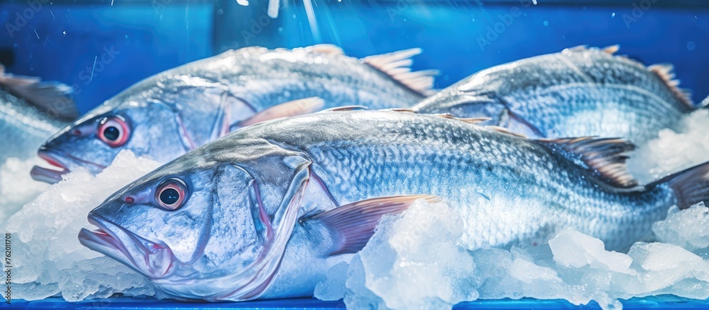 Poster Fish on ice in a blue bowl