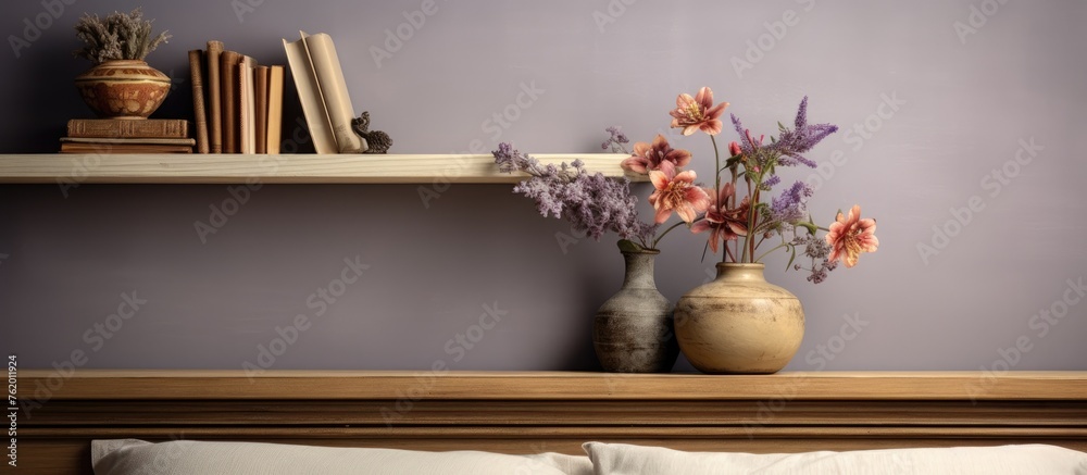 Wall mural A cozy bedroom with a vase of flowers on the bed