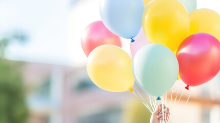 child's hand holding colorful balloons in the park - obrazy, fototapety, plakaty