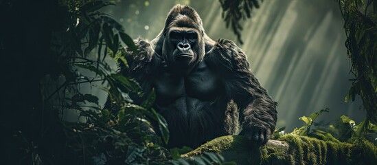 A gorilla perched on a boulder in the lush forest