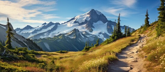 A winding trail leading to a majestic mountain range