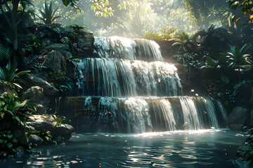 A stunning AI-generated image of a waterfall in the forest, creating a relaxing and serene atmosphere. Perfect for use in nature-themed designs or to evoke a sense of adventure and exploration.