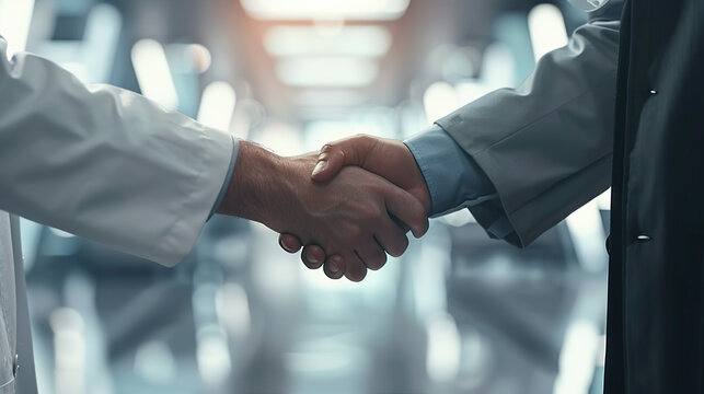 Close up of pharmaceutical sales representative presenting new medication to doctor in medical building, shaking hands