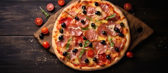 Close up of pizza topped with olives, pepperoni, and ham