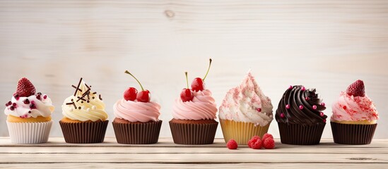 Delicious Cupcakes Topped with Whipped Cream and Fresh Raspberries - obrazy, fototapety, plakaty