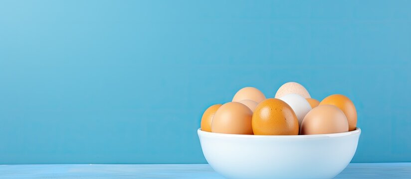 Eggs in a bowl on a blue background