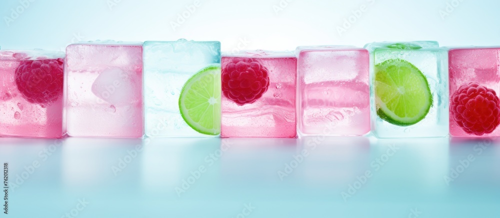 Poster A line of ice cubes with raspberry and lime