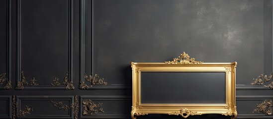 Close up of gold frame on black wall