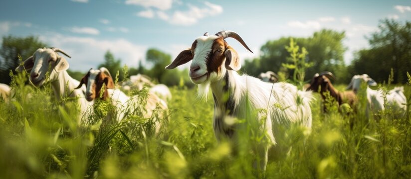 Grassy Pasture Harmony: Diverse Herd of Playful Goats Grazing in Lush Field Under Bright Sky