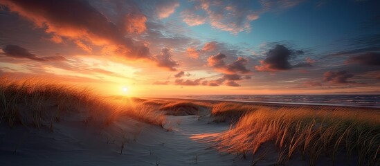 Vibrant Sunset Painting the Beach Scene with Serene Beauty and Warm Colors