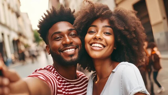 Young couple do selfie while vacation in city.