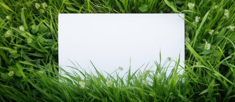 Blank paper lying amidst grass with blooming flowers