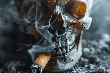 Human Skull with Burning Cigarette, Enveloped in Smoke and Ashes, Haunting Imagery. - obrazy, fototapety, plakaty