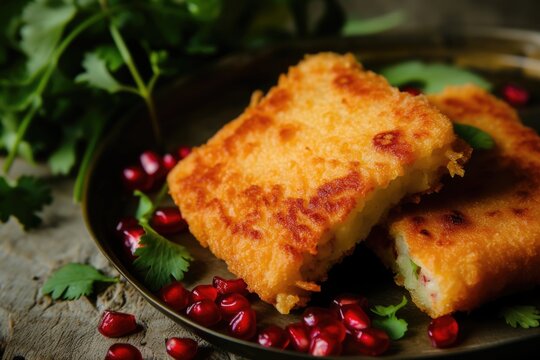 Fried Patties on a Plate with Pomegranate Arils