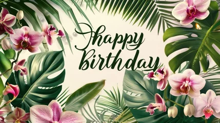 Foto op Canvas Handwritten text "happy birthday" Floral arrangement with tropical leaves and orchids. © kardaska