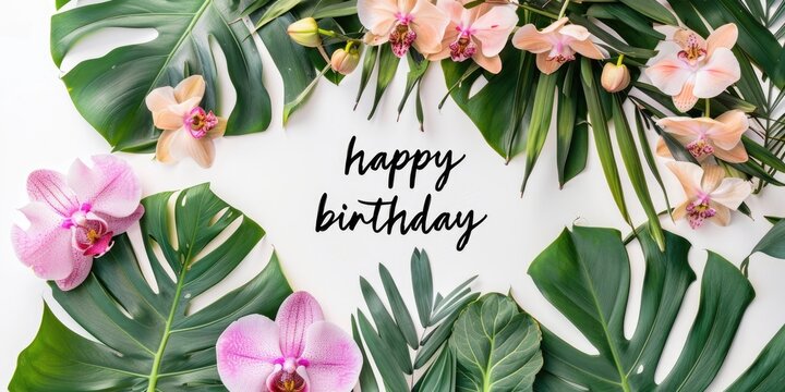 Handwritten text "happy birthday" Floral arrangement with tropical leaves and orchids.
