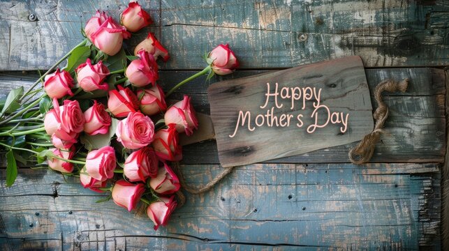 Happy Mother's day with red roses over rustic wood background