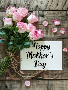 Happy Mother's day with pink roses over rustic wood background