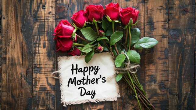 Happy Mother's day with red roses over rustic wood background