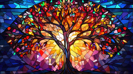 Tree of Life stained glass window, with blue, orange and red colors. Colourful lowpoly style. Garden of eden, Adam and eve story. 