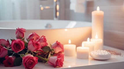 Hotel bathroom interior with roses and candles - obrazy, fototapety, plakaty