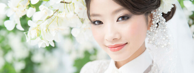Close-up image of a young oriental bride's face.