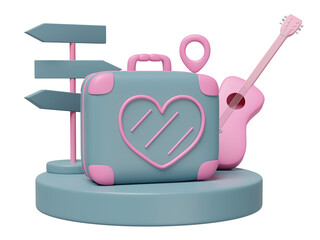 3d close suitcase with heart shaped pattern, podium, road signs, pin, guitar isolated. summer travel concept, 3d render illustration