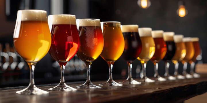 A row of glasses with different types and colors of beer sit on the bar counter, banner, various types of beer on blur background