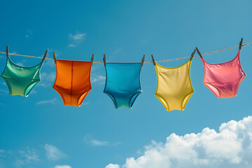 A colorful bikini drying on a clothesline against a backdrop of a bright blue summer sky.
