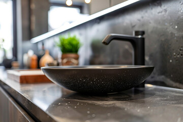 close-up of a modern black sink, in the shape of a hemisphere in the bathroom. Bathroom design, table with sink for advertising cosmetics for washing, soa.plumbing advertising