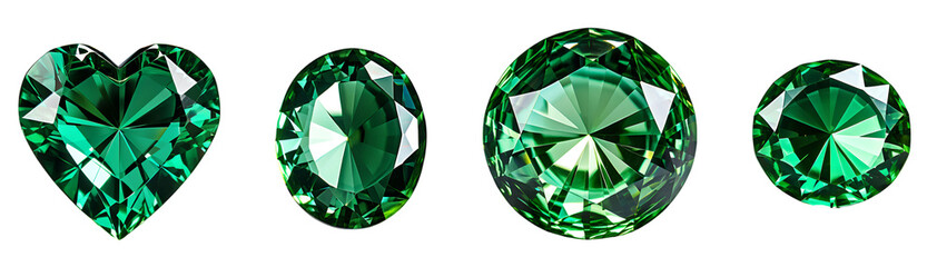 green gems stone collection, heart, round, oval shape gloving diamond stones, isolated on transparent background, icons logo vector png