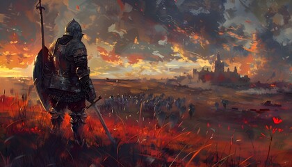 Knight armed with spear or sword in the background of the battlefield - obrazy, fototapety, plakaty