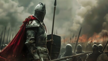 Knight armed with spear or sword in the background of the battlefield - obrazy, fototapety, plakaty
