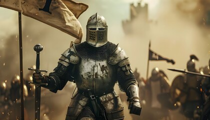 Knight armed with spear or sword in the background of the battlefield