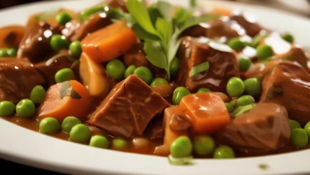 A stunning closeup captures the essence of a classic lamb stew, where tender morsels of lamb mingle with plump pearl onions, carrots, and peas, all bathed in a velvety brown gravy bursting