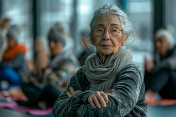Elderly person engaging in warm-up activities, highlighting their dedication to maintaining physical fitness and well-being - obrazy, fototapety, plakaty